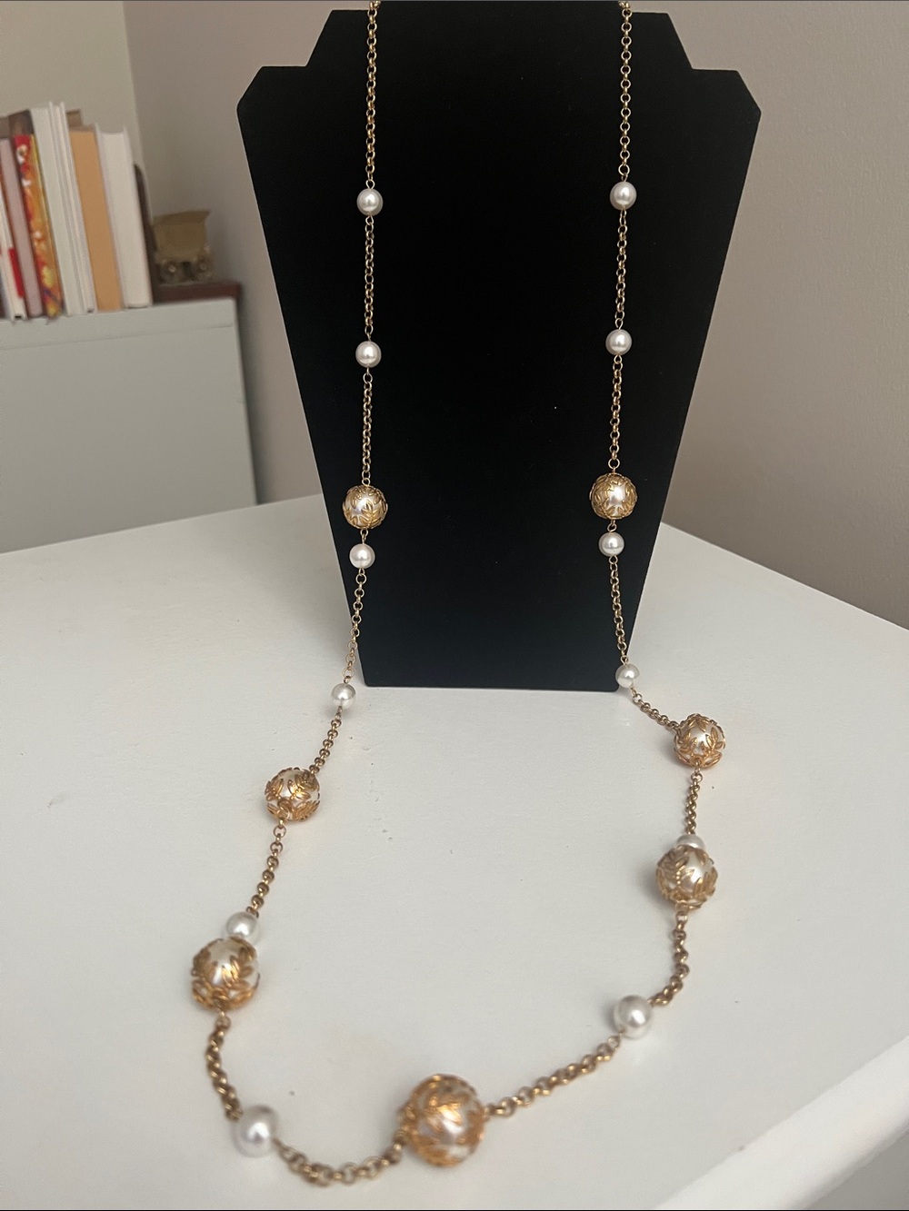 Heirloom Gold and Pearl Long Statement Necklace